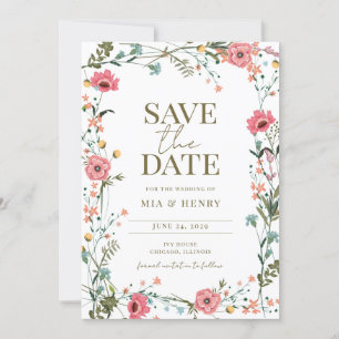 Convite Vintage Wildflower Wedding Foto para Salvar a Data
