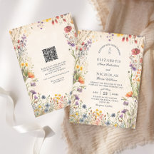 Vintage Wildflowers QR Code Wedding Invitation