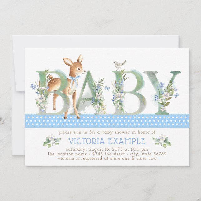 Convite Vintage Woodland Deer Baby Boy Invances Chás (Frente)
