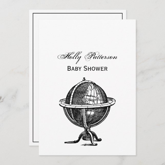 Convite Vintage World Globe Lithógrafo Desenhando BW (Frente/Verso)