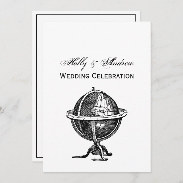 Convite Vintage World Globe Lithógrafo Desenhando BW (Frente/Verso)