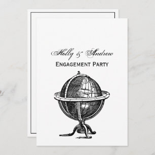 Convite Vintage World Globe Lithógrafo Desenhando BW