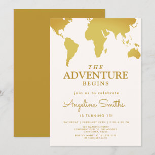 Convite Vintage World Viagem Map Adventure Dourado Anivers