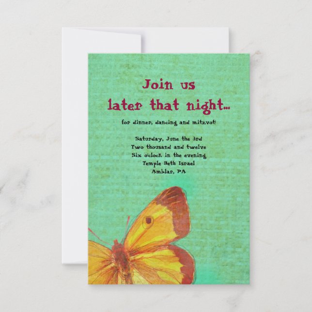 Convite VINTAGE YELLOLY BUTTERFLY Bat Mitzvah Party Card (Frente)