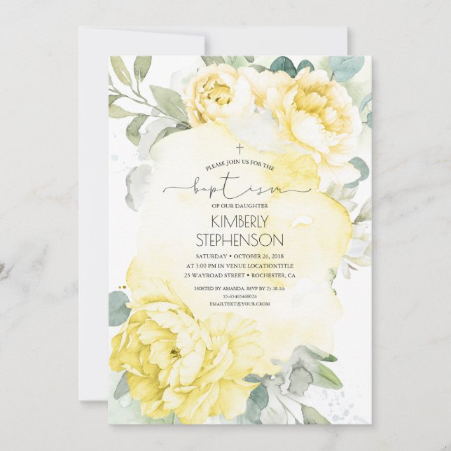 Convite Vintage Yellow Flowers and Greenery Baptism (Frente)