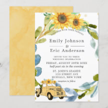 Vintage Yellow Truck Sunflower Blue Wedding Invit