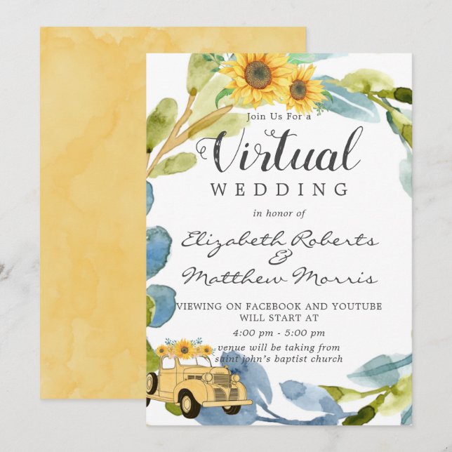 Convite Vintage Yellow Truck Sunflower Casamento Virtual E (Frente/Verso)