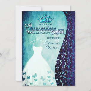 Convite Vintagem azul-real damask tiara Quinceañera