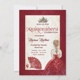 Convite Vintagem vermelha fã-mão tiara Quince