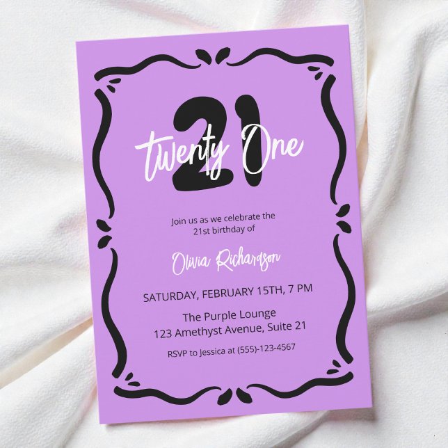 Convite Vinte e um aniversário de 21 anos de Quic Preto El (Twenty One Purple Black Elegant Chic 21st Birthday Invitation)