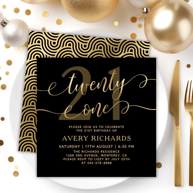 Convite Vinte e Um Elegante Script Dourado Preto Aniversár (Criador carregado)