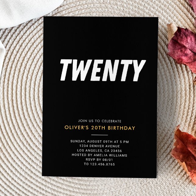 Convite Vinte | Festa de aniversário Dourada e preto simpl (Twenty | Simple Black & Gold 20th Birthday Party Invitation
)