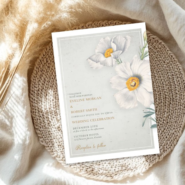 Convite Vintor de água flores brancas casamento dourado (Watercolor vintage white flowers gold wedding invitation)