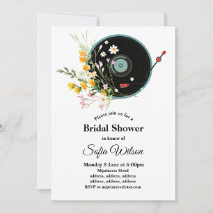 Convite Vinyl Record, floral, Oldies Rustic, música femini