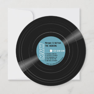 Convite Vinyl Record Monograma Retro Blue Weding