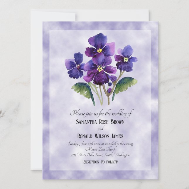 Convite Violas de aquarela no casamento de fundo roxo (Frente)