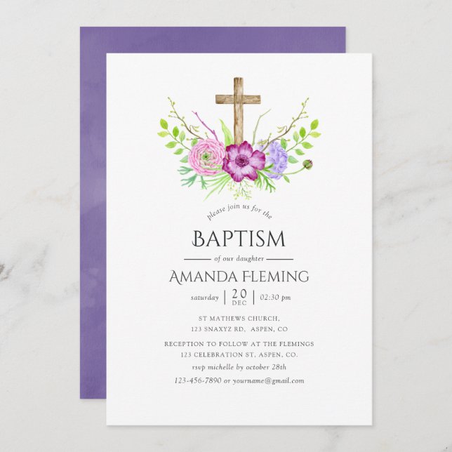 Convite Violet and Plum Floral Baptism ou Christening (Frente/Verso)