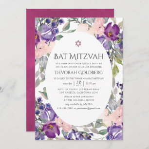 Convite Violet and Plum Floral Bat Mitzvah