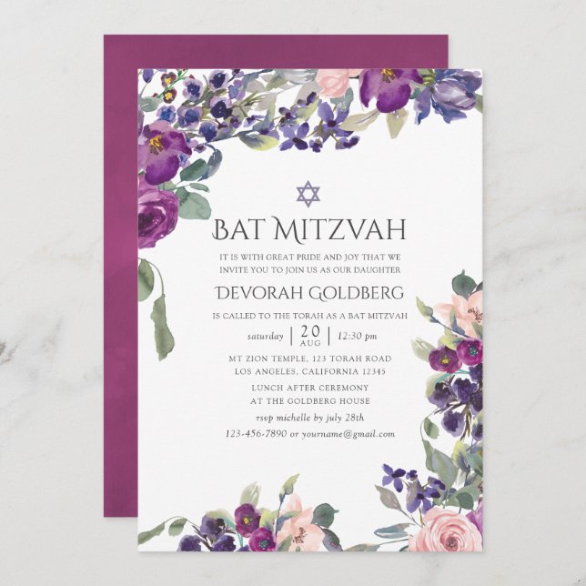 Convite Violet and Plum Floral Bat Mitzvah (Frente/Verso)
