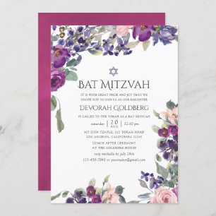 Convite Violet and Plum Floral Bat Mitzvah