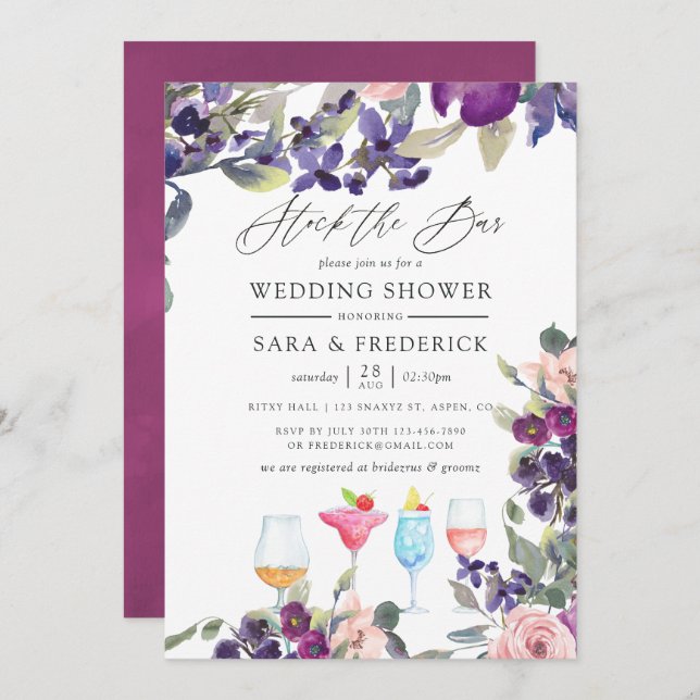 Convite Violet and Plum Floral Casais estocam o Bar (Frente/Verso)