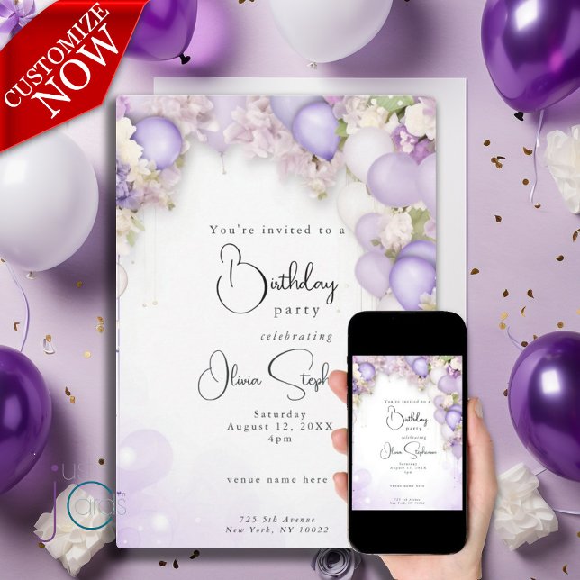 Convite Violet Balloons e Peony Floral QR Aniversário (Easy to personalize text )