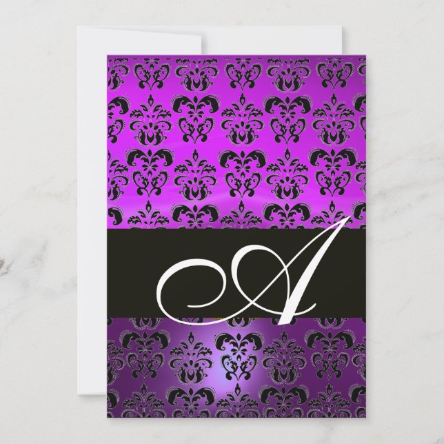 Convite VIOLET BLACK DAMASK MONOGRAM, branco (Frente)