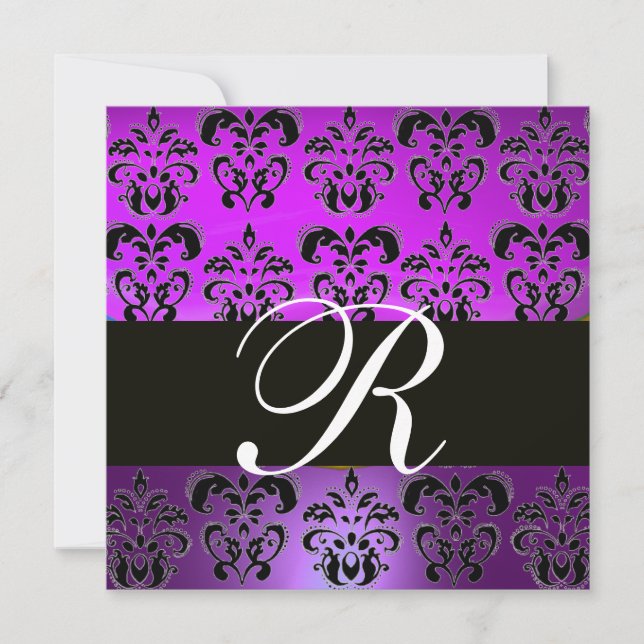 Convite VIOLET BLACK DAMASK MONOGRAM,,branco (Frente)