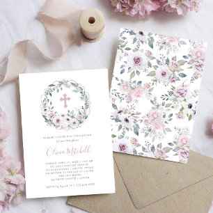 Convite Violet Blush   Batismo Floral com Cruz
