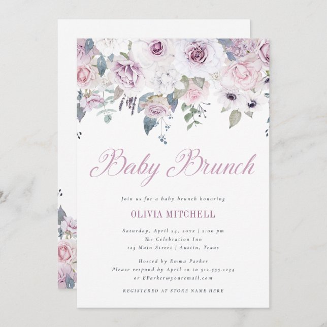 Convite Violet Blush | Floral Baby Brunch (Frente/Verso)