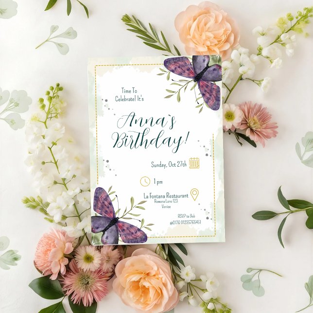Convite Violet Butterfly Birthday (Criador carregado)