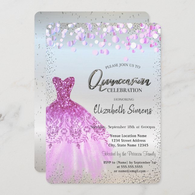 Convite Violet Confetti Dots, Vestido Silver Quinceañera (Frente/Verso)