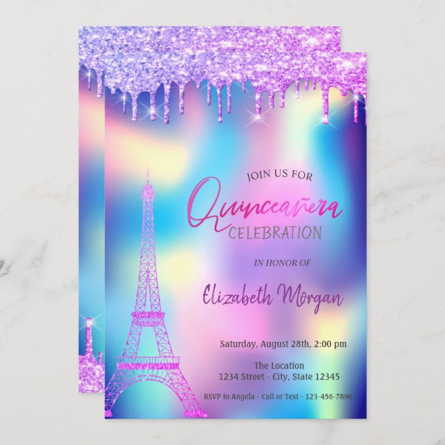 Convite Violet Drops Eiffel Tower Holographic Quinceanera (Frente/Verso)
