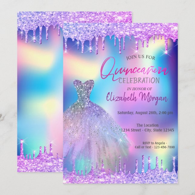Convite Violet Drops Holographic Quinceañera (Frente/Verso)