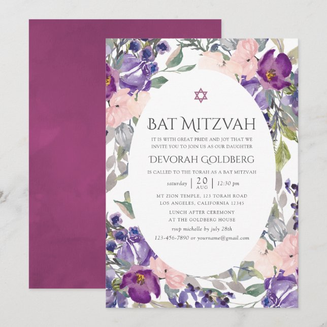 Convite Violet e Plum Floral Bat Mitzvah (Frente/Verso)