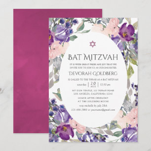 Convite Violet e Plum Floral Bat Mitzvah