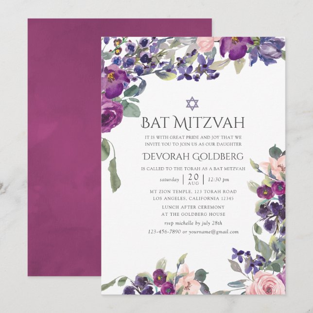 Convite Violet e Plum Floral Bat Mitzvah (Frente/Verso)