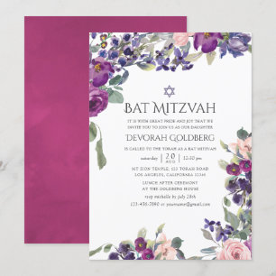 Convite Violet e Plum Floral Bat Mitzvah