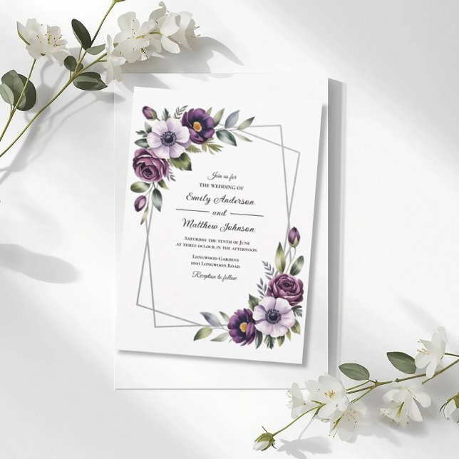 Convite Violet Floral Frame Wedding Invitation (Criador carregado)
