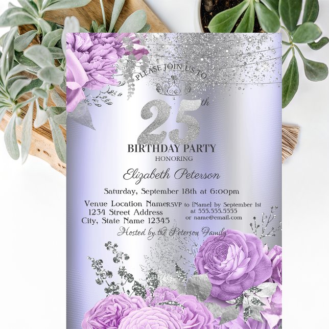 Convite Violet Flowers Glitter Lilac 25th Birthday   (Criador carregado)
