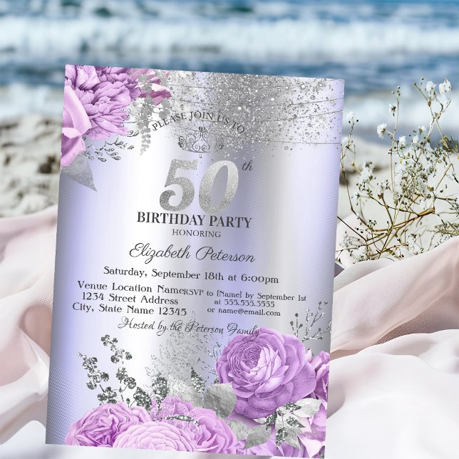Convite Violet Flowers Glitter Lilac 50th Birthday   (Criador carregado)