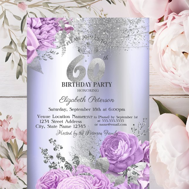Convite Violet Flowers Glitter Lilac 60th Birthday   (Criador carregado)