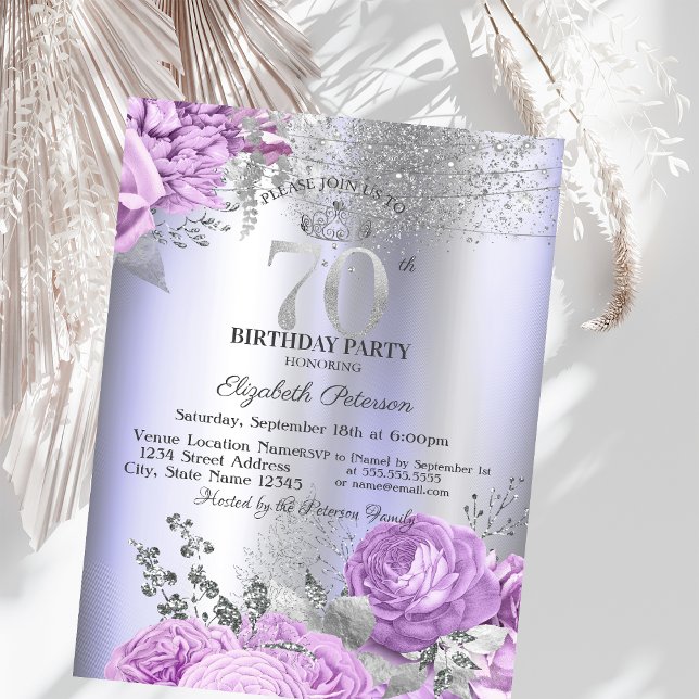 Convite Violet Flowers Glitter Lilac 70th Birthday   (Criador carregado)