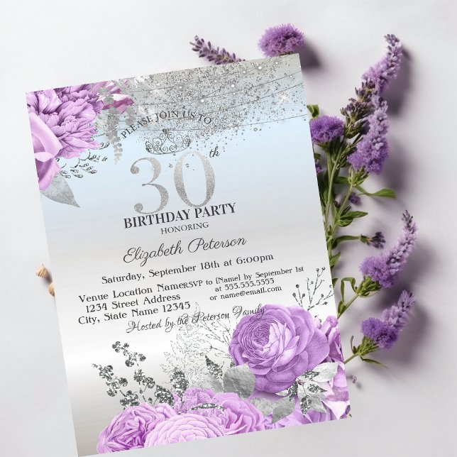 Convite Violet Flowers Glitter Silver 30th Birthday   (Criador carregado)