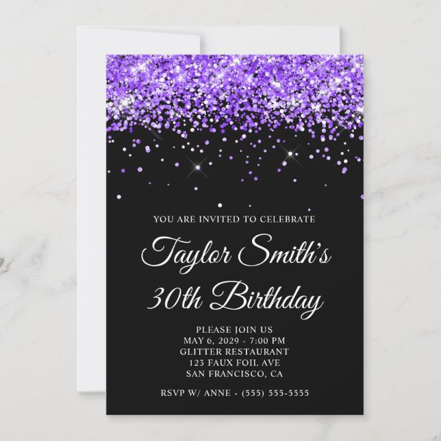 Convite Violet Glitter Black aniversário de 30 anos (Frente)