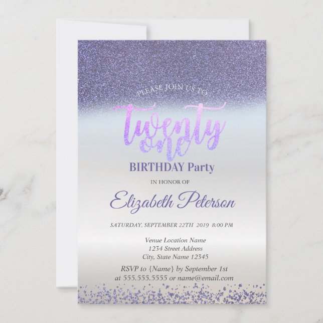 Convite Violet Glitter Diamonds Prata Aniversário de 21 an (Frente)