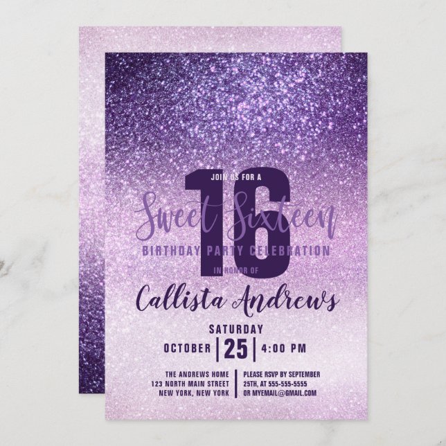 Convite Violet Lilac Roxo Triple Glitter Ombre Sweet 16 (Frente/Verso)