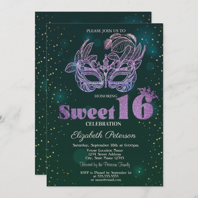 Convite Violet Masque Green Sweet 16 (Frente/Verso)