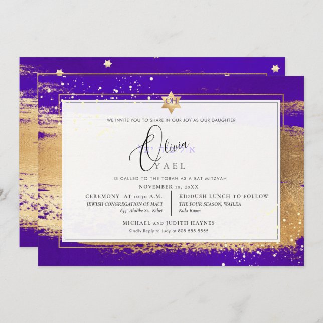 Convite VIOLET PixDezines + DOURADO BRUSHSTROKE Mitzvah (Frente/Verso)