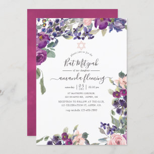 Convite Violet, Plum e Blush Floral Bat Mitzvah